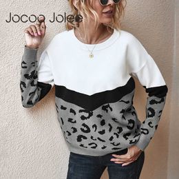 Fashion Leopard Patchwork Winter Ladies Knitted Sweater Women O-neck Full Sleeve Jumper Pullovers Top Khaki Brown Top Clothes 210619
