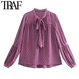 TRAF Women Fashion Patchwork Loose Ruffled Blouses Vintage Bow Tied Collar Long Sleeve Female Shirts Blusas Chic Tops 210415