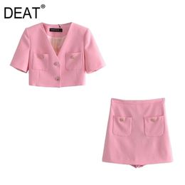 [DEAT] Summer Fashion Short Sleeve Single-breasted V-neck Blazer High Waist Shorts Women Two-piece Suit 13C994 210527