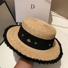 French Style Vintage Straw Hat Vacation Beach Sun Protection Cap Women Travel Flat Top Caps Fashion Wide Brim Hats with Tassel