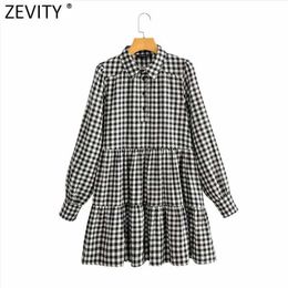 Zevity Women Fashion Plaid Print Pleats Shirt Dress Female Chic Puff Sleeve Pockets Casual Business Mini Vestido DS8315 210603