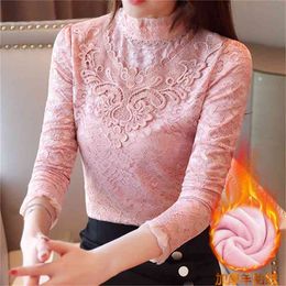 Blusas Mujer De Moda Autumn winter Plus Size Lace Shirts Long Sleeve Bottom Shirt Korean velvet Women Blouse Top 805G 210420