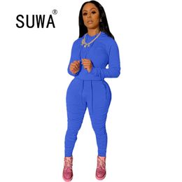 Two Piece Sets Women Solid Autumn Tracksuits High Waist Stretchy Sportswear Crop Tops And Leggings Matching Outfits 210525