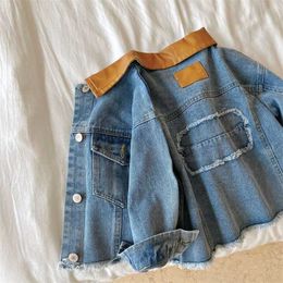 Spring Autumn Girls Boys Clothes Colour Patchwork Casual Kids Jeans Jacket Baby Children's Outwear Denim Coat 2-7Y 211204