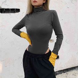 OMSJ Body Langarm Top Parchwork Rollkragen Body Frauen Herbst Winter Kontrast Farbe Bodycon Outfits 210517