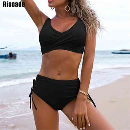 Riseado Sexy Bikini Push Up Swimwear Women Swimsuits Black Bikinis Mujer High Waist Biquini Drawstring Bathing Suit Summer 210611