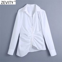 Women Fashion Breasted Pleated White Poplin Shirts Office Lady Hem Irregular Slim Blouse Roupas Chic Chemise Tops LS9112 210420