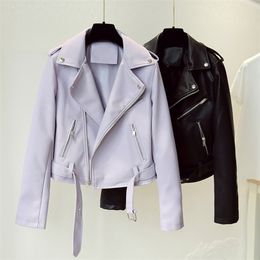 With Belt Short Leather Jacket Women Slim Turn Down Collar Purple Faux Coat Spring Autumn Ladies Biker Moto Pu Jackets 210525