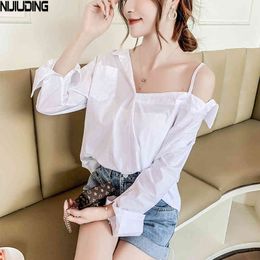 Women Sexy Off Shoulder Strap Long Sleeve V-Neck Single-breasted Blouse Autumn Solid Elegant Cardigan Loose Shirt 210514