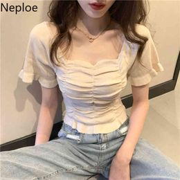 Neploe Shirts for Women Square Collar Ruffles Knitted Cropped Tshirts Woman Clothing Slim Fit Pleated Tees Tops Mujer 94611 210422