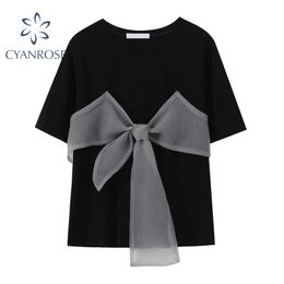 Summer New Big Bow Patchwork Women's T-Shirt Korean Style Loose Fashion Tee Stylish Streetwear Ins Short Sleeve Casual Tops 210417