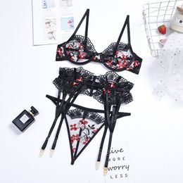 Yimunancy 3-Piece Floral Embrodiery Lace Bra Set Women Bra + Panty Sexy Underwear Set Lingerie Set X0526