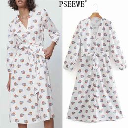 Dress White Floral Midi Women Elegant Tied Belt Long Sleeve Woman es Chic Cottagecore Casual es 210519