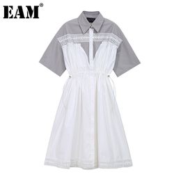 [EAM] Women Contrast Colour Spliced Drawstring Midi Dress Lapel Short Sleeve Loose Fit Fashion Spring Summer 1DD8544 21512