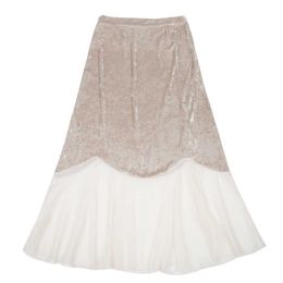 PERHAPS U Velvet Chiffon Patchwork Mid-calf Ruffle Asymmetrical Beige Black Empire Mermaid Skirt S0113 210529