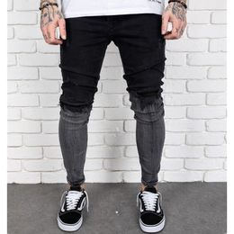 Mens Casual Fashion Personality Jeans Gradient Black Grey Contrast Colour Ripped Holes Washed Denim Trousers