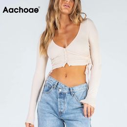 Summer Chic Lady Knitted Cropped Tops Solid V Neck Sexy Short Women Side Drawstring Stylish T Shirt Female Camisas 210413