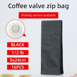 Storage Bags 16pcs 1/2 Pound 250g Matte Black Coffee Bean One Side Degassing Valve Packaging Bag Block Bottom Stand Up Pouch