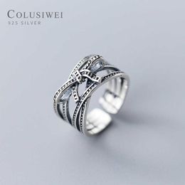 Vintage Bowknot Multi-Layer Geometric Line Sterling Silver 925 Ring for Women Free Size Hiphop Style Fine Jewelry 210707