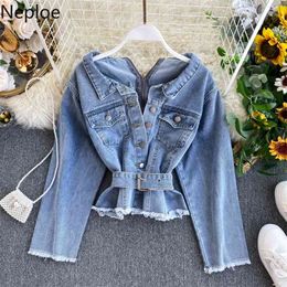 Korean Chic Slim Waist with Belt Design Denim Jacket Turn Down Collar Long Sleeve Button Casaco Pocket Coat 49212 210422