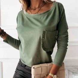 Women Basic Blouse New Fashion Casual O-neck Long Sleeve Ruffle Pocket Tops Lady Elegant Simple Loose Elastic Shirt Autumn 210412