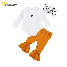 0-18M born Infant Baby Girls Clothes Set White Romper Flare Pants Headband Outfits Autumn Girl Clothing 210515