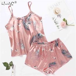 Women's Sleepwear Sexy Satin Pajama Set Cartoon Printing Pyjamas Sleeveless Cute Cami Top and Shorts 210809