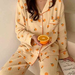 Home Suits Korean Sleepwear Orange Print Pyjamas for Women Autumn Pijama Pyjamas Long Sleeve 2 Piece Set Pjs Dropshipping