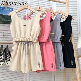 Kimutomo Shorts Sets Summer Embroidered Letters Short Vest Top+high Waist Wide Leg Bottoms Casual Two-piece Women 210521