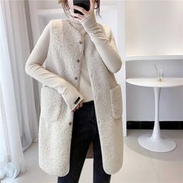 Winter European Style Faux Fur Lamb Plush Vest Jackets Women Elegant O-Neck Loose Grain Fleece Coat Casual Long Warm Waistcoat Y0829