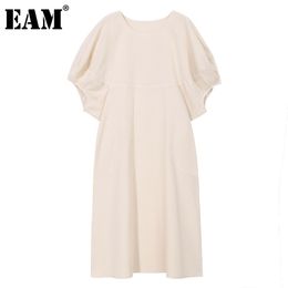 [EAM] Women Apricot Big Size Long Casual Dress Round Neck Half Sleeve Loose Fit Fashion Spring Summer 1DD8697 210512