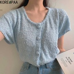 Korejpaa Women T-Shirt Summer Simple Gentle Candy Color Round Neck Buckle All-Match Plush Short-Sleeved Loose Knit Sweater 210526