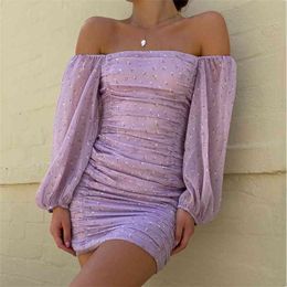 Foridol vintage ruched bodycon party dress women sheer sleeve purple short mini dress autumn winter bandage floral dress 210415
