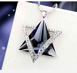 Korean Fashion Geometric Triangle Blue Crystal Pendant Necklace Women's Six-Pointed Star Metal Accessories Jewelry No Chain G1206