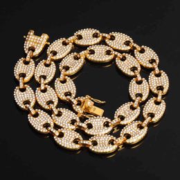 Hip Hop Jewellery 13MM Iced Out CZ Multi-Colors Coffee Bean Pig Nose Alloy Rhinestone Link Chain Bling Necklaces for Men Women X0509