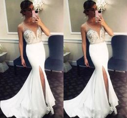 White Evening Dresses Mermaid Embroidery Lace Applique Beaded Straps Sweep Train Custom Made Formal Prom Party Gown Side Slit Svestidos