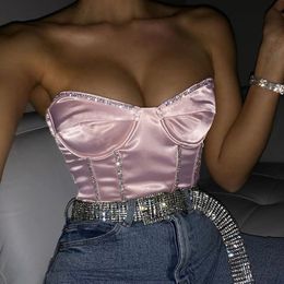 Sexy Crystal crop top tanks Women sexy slim Sequin party club wear off shoulder bandeau short tube top tee tanks shirts X0507