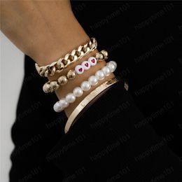 Women Hip Hop Heart Pearl Beaded Strands Bracelets European Aluminum Metal Chain Love Lettering Bangle Valentine's Day Gift Punk Hand Jewelry Sets Accessories
