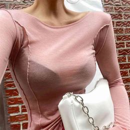 Korean Blusas Women's Autumn Transparent Sexy Long-Sleeved T-shirt White Pink Slim female tshirt Women Top 252i 210420