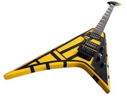 Jack Son Michael Sweet Flying V Stryper Yellow Stripe Electric Guitar Floyd Rose Tremolo Bridge, Whammy Bar, Schaller Tuners, Black Hardware, Triangle Pearl Inlay