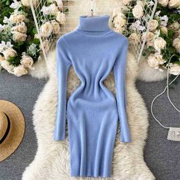 Fashion Autumn Winter Turtleneck Sweater Women Long Sleeve Slim Bodycon Dresses Ladies Solid Casual Knitted Short Dress 210525