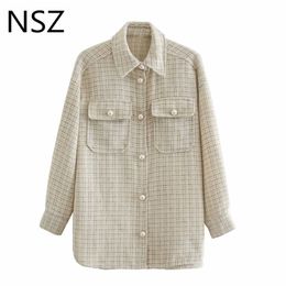 NSZ women oversized plaid shirt jacket large size checked overshirt coat pearl button dogtooth blouse outerwear chaqueta 211014