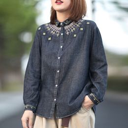 Johnature Retro Embroidery Turn-down Collar Single Breasted Long Sleeve Denim Shirt Autumn Loose Leisure Women Tops 210521