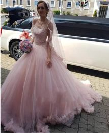 Blush rosa bollklänning bröllopsklänningar spets applikation älskling halsringning svep tåg skräddarsydd pärlor vestido de novia