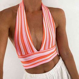 Summer cool women's halter cropped top, adult sexy sleevelstrappy striped V-neck top (, blue) X0507