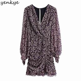 Vintage Floral Print Draped Dress Women Sexy Cross V Neck Long Sleeve Bodycon Mini Female Summer Chiffon Vestido 210514