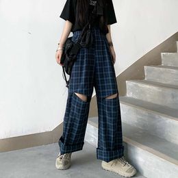 HOUZHOU Plaid Pants Harajuku Vintage Korean Fashion Wide Leg Hole Trousers Women Loose Hollow Out Straight Casual Dropshipping Q0801