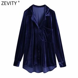 Women Fashion Turn Down Collar Velvet Smock Blouse Ladies Pockets Leisure Loose Kimono Shirts Chic Blusas Tops LS7420 210416