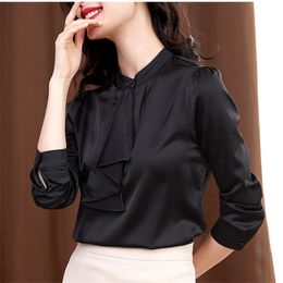 Ribbon Silk Satin Professional High Quality Spring OL Formal Top Shirt All Match Office Lady Solid 210421