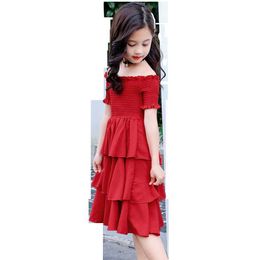 Girl Dresses Solid Colour Kids Cake Dresses For Girls Off Shoulder Kid Dress Teenage Childrens Clothing For Girls 6 8 10 12 14 Q0716